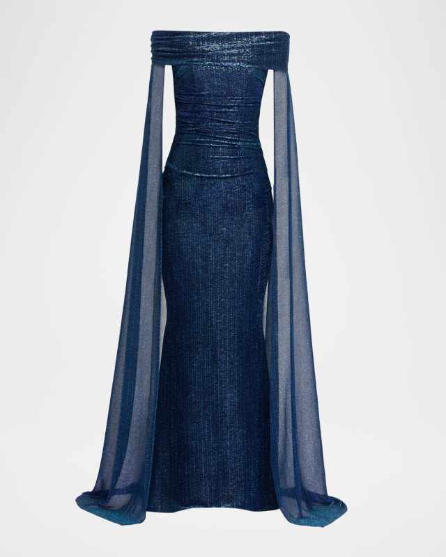 Metallic Off-The-Shoulder Cape Gown